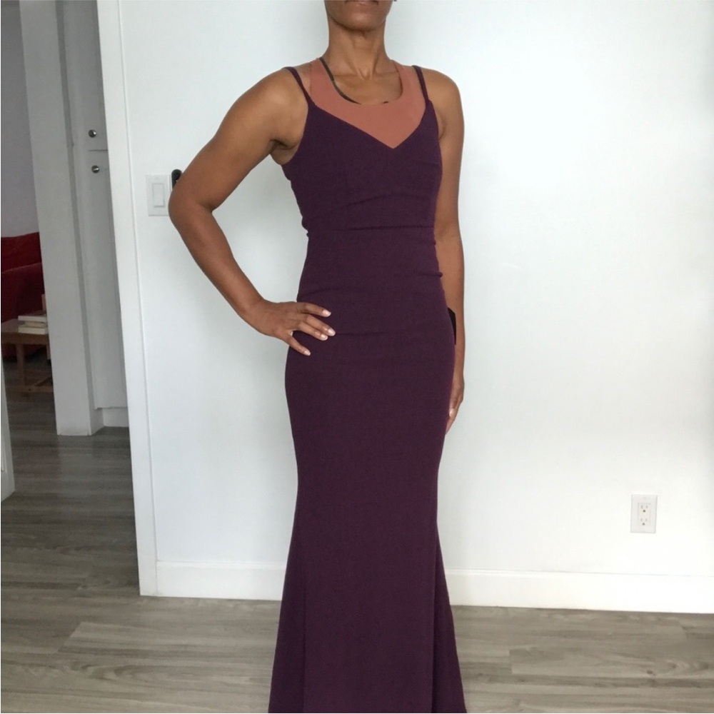LULUS FORMAL DRESS PURPLE EGGPLANT MAXI V NECK SIDE ZIP WOMENS XS
